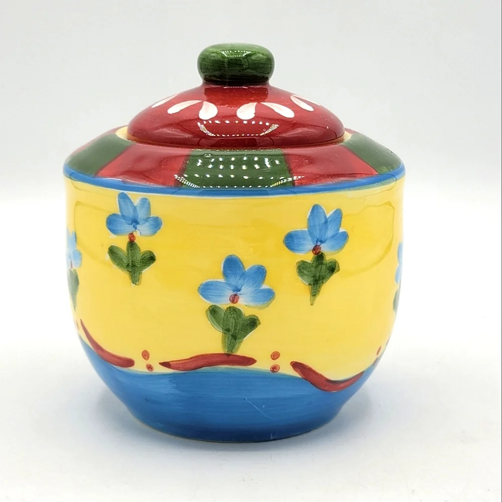 Dansk Taboo Saffron Hand Painted Floral Folk Art Sugar Bowl with Lid Vintage